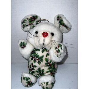 Vintage Cloud 9 Plush Toy Christmas  Stuffed Animal White Mouse Poinsettia 8"